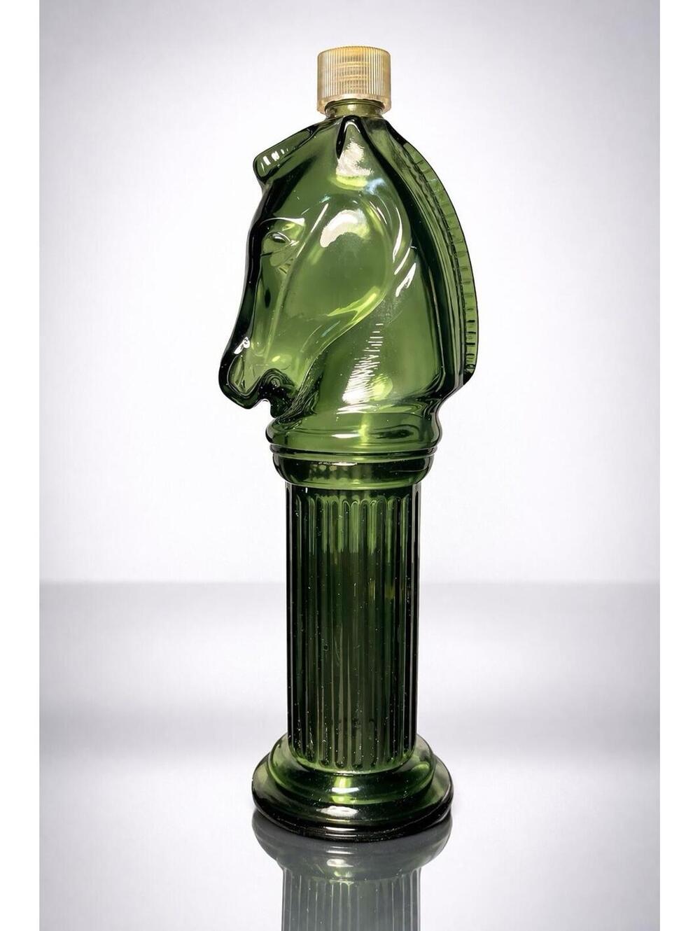 Avon 1970s Pony Post Cologne Figural Bottle Green Glass, 2.5x9.5”